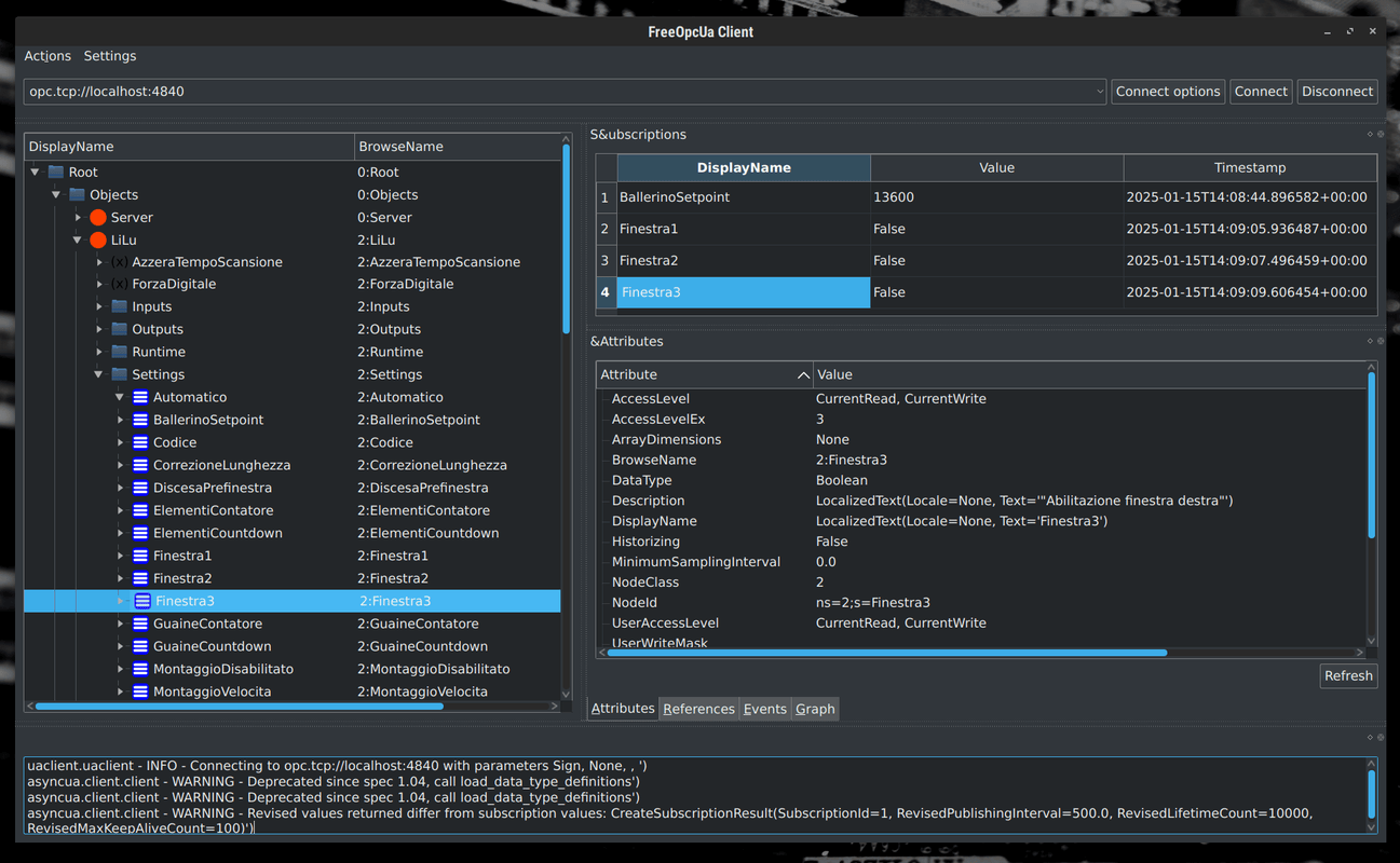 Vista dati OPC/UA da PC dekstop