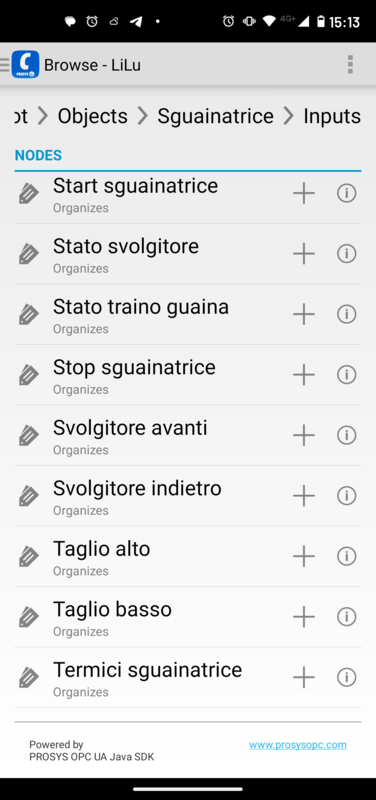 Vista dati OPC/UA da Android